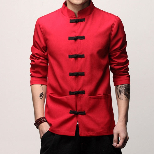 Mens Traditional Chinese Clothing Spring Autumn Solid Tang Suit Men  Kung Fu Tai Chi Master Costume  Male Tops Jackets CN-003