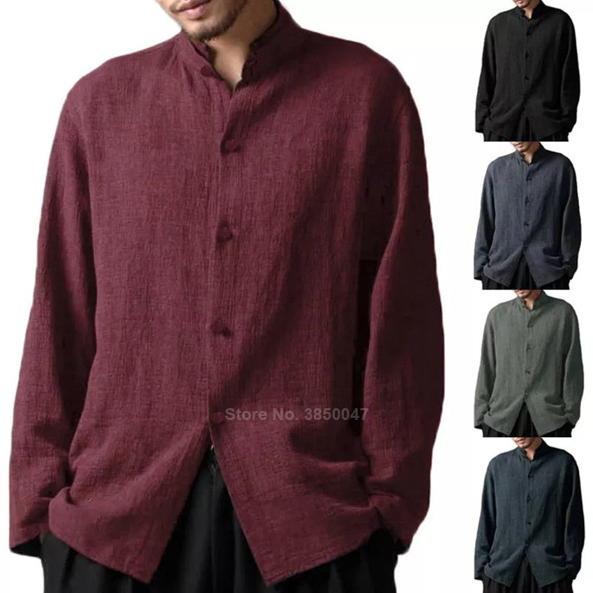 Long Sleeve Cotton Men's Tang Suit Shirt Traditional Chinese Costume Casual Male Solid Color New Year Jacket Clothing S-5XL