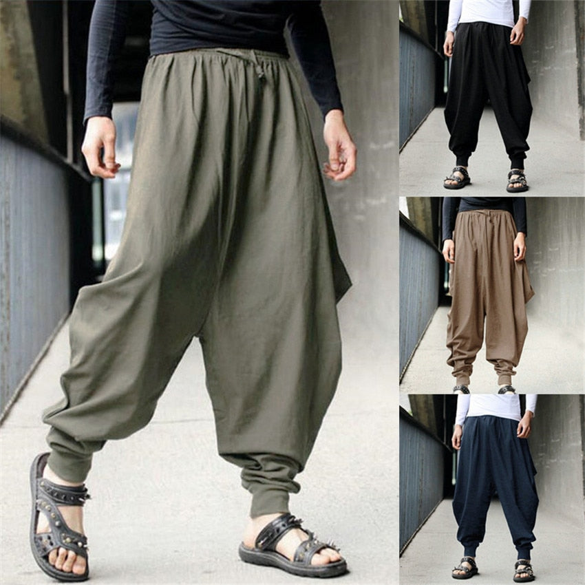 Chinese Style 2020 News Cotton Haroun Trousers Loose Casual Traditional Chinese Clothing for Men Hakama Samurai Costume Hip Hop