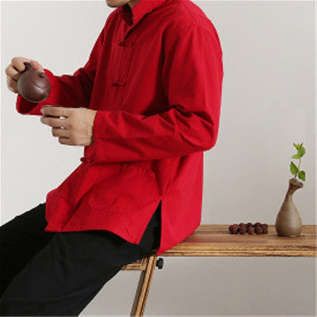 Chinese Style Jacket Mandarin Collar Tai Chi Uniform Hanfu Kung Fu Traditional Chinese Clothing for Men Retro Top Blouse Qipao