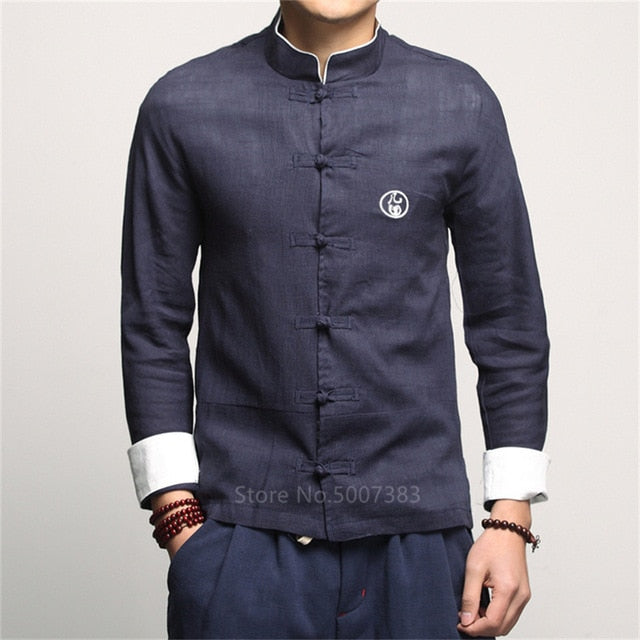 Traditional Chinese Clothing for Men Vintage Full Sleeve Collar Linen Shirts Tang Suit Hanfu China Style Top New Year Clothes