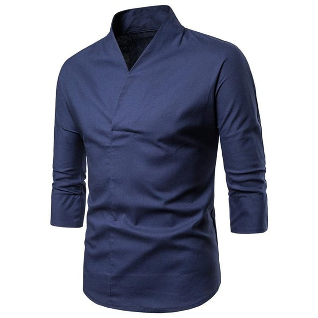 3/4 Sleeve Traditional Chinese Blouse Male Clothing Man Top Oriental V-Collar Shirt Linen Men Kimono Shirt Outfit Clothes XXXXL