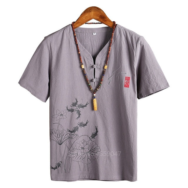 Traditional Chinese Clothing Men Japanese Style Lotus Flower Fish Pattern Printed Retro Solid Color V-neck Tang Suits Shirt Tops