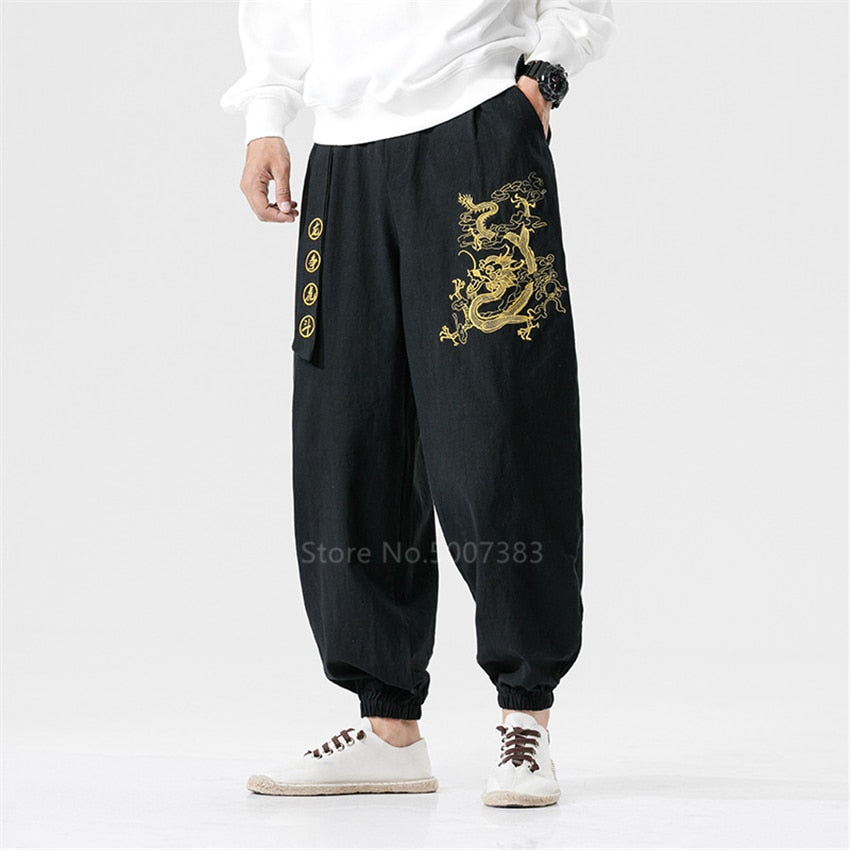 Amazon.com: Chinese Style Pants Man Letter Dragon Embroidery Wide Leg Tie  Feet Harem Vintage Man Trousers Loose Casual Bloomes Color1 S : Clothing,  Shoes & Jewelry