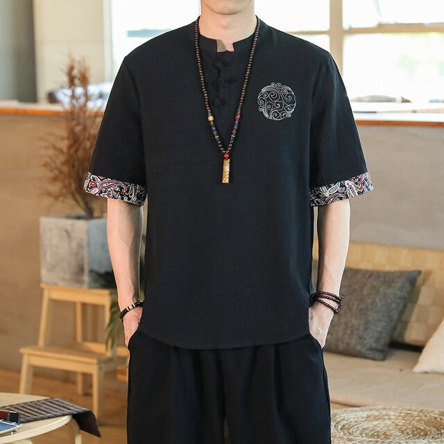 Cotton Linen Men T-Shirt Traditional Chinese Clothing Man Stand Collar Loose Blouse Male Kung Fu Casual Tee Harajuku Tops Shirts