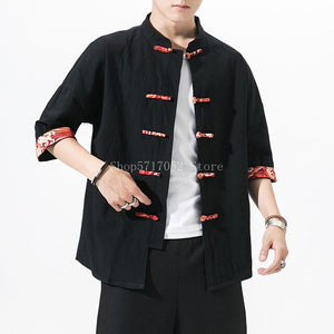 Traditional Chinese Clothing for Men Linen Tops Wave Print Coat Summer Half Sleeve Shirt Male Kung Fu Outfit Chinese Style Hanfu