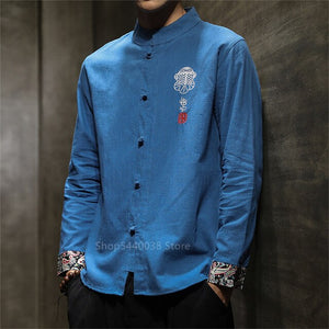 Chinese Style Emboridery Tang Suit Kung Fu Coat Full Sleeve Vintage Traditional Chinese Clothing for Men Tai Chi Top Linen Shirt