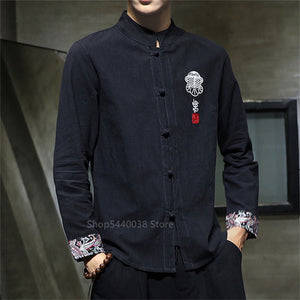 Chinese Style Emboridery Tang Suit Kung Fu Coat Full Sleeve Vintage Traditional Chinese Clothing for Men Tai Chi Top Linen Shirt